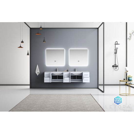 Geneva 84" Glossy White Double Vanity, White Carrara Marble Top, White Square Sinks and 36" LED Mirrors w/ Faucets