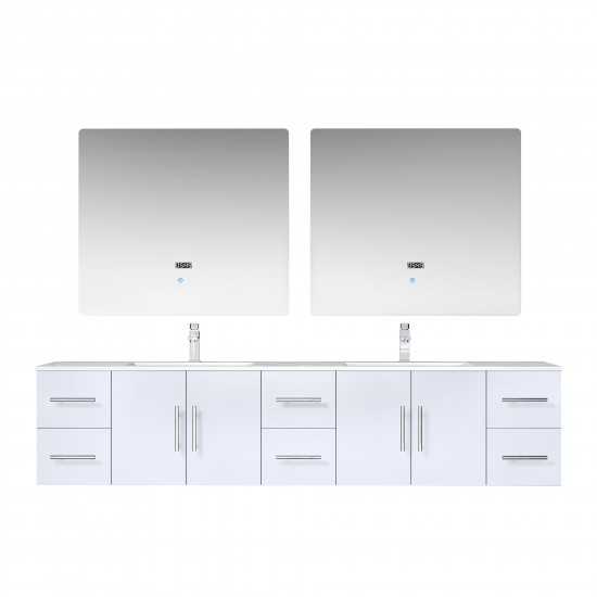 Geneva 84" Glossy White Double Vanity, White Carrara Marble Top, White Square Sinks and 36" LED Mirrors