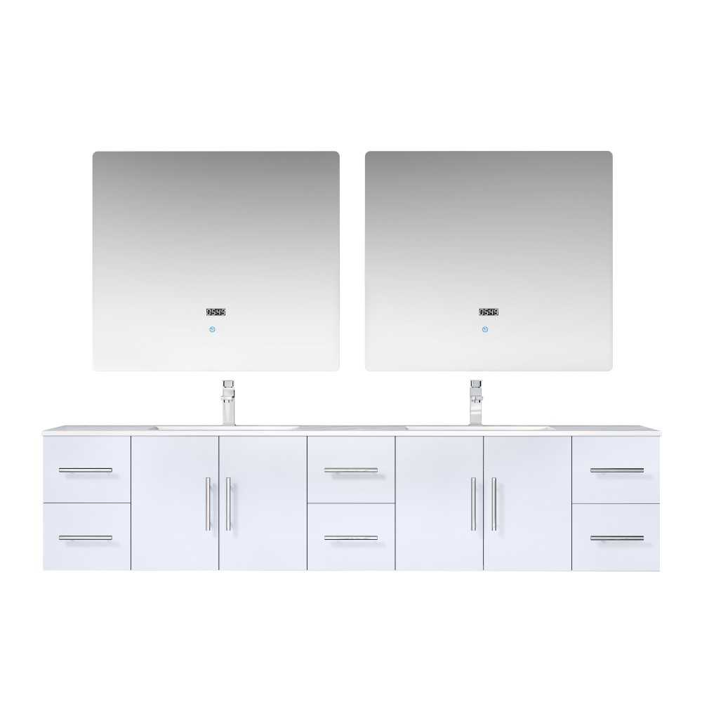 Geneva 84" Glossy White Double Vanity, White Carrara Marble Top, White Square Sinks and 36" LED Mirrors