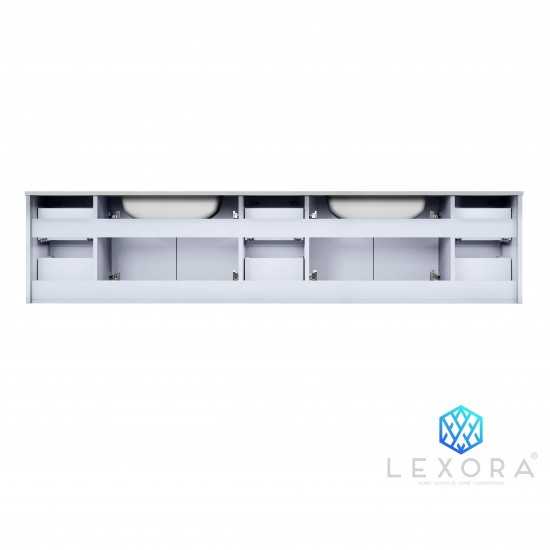 Geneva 84" Glossy White Double Vanity, White Carrara Marble Top, White Square Sinks and 36" LED Mirrors