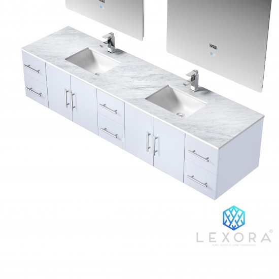 Geneva 84" Glossy White Double Vanity, White Carrara Marble Top, White Square Sinks and 36" LED Mirrors