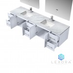 Geneva 84" Glossy White Double Vanity, White Carrara Marble Top, White Square Sinks and 36" LED Mirrors