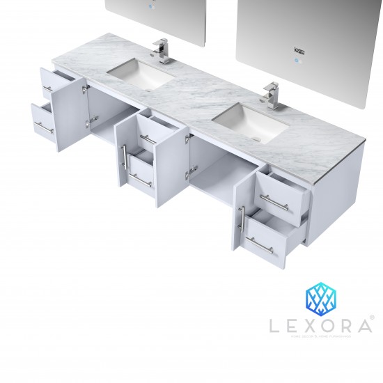 Geneva 84" Glossy White Double Vanity, White Carrara Marble Top, White Square Sinks and 36" LED Mirrors