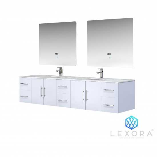 Geneva 84" Glossy White Double Vanity, White Carrara Marble Top, White Square Sinks and 36" LED Mirrors