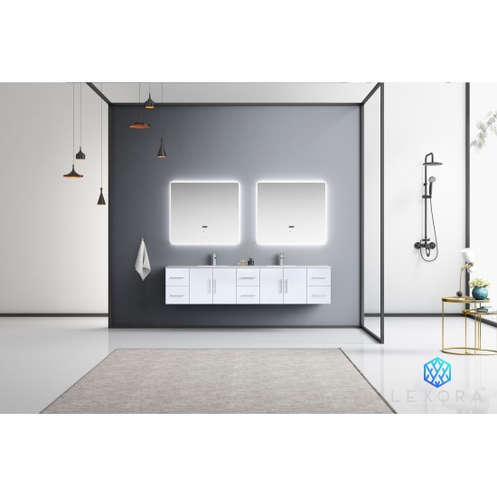 Geneva 84" Glossy White Double Vanity, White Carrara Marble Top, White Square Sinks and 36" LED Mirrors