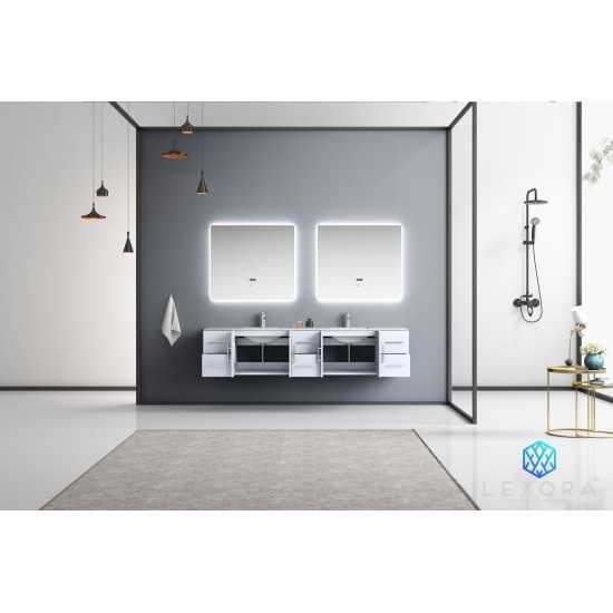 Geneva 84" Glossy White Double Vanity, White Carrara Marble Top, White Square Sinks and 36" LED Mirrors