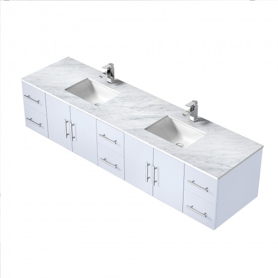 Geneva 84" Glossy White Double Vanity, White Carrara Marble Top, White Square Sinks and no Mirror