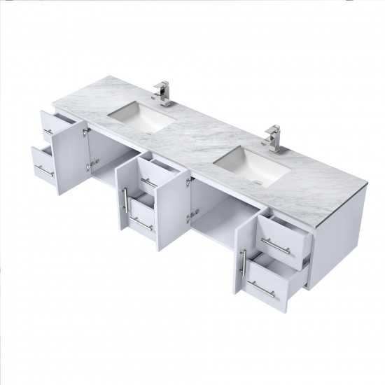 Geneva 84" Glossy White Double Vanity, White Carrara Marble Top, White Square Sinks and no Mirror