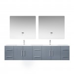 Geneva 84" Dark Grey Double Vanity, White Carrara Marble Top, White Square Sinks and 36" LED Mirrors w/ Faucets