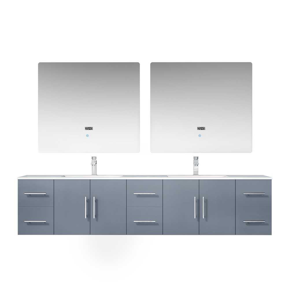 Geneva 84" Dark Grey Double Vanity, White Carrara Marble Top, White Square Sinks and 36" LED Mirrors w/ Faucets