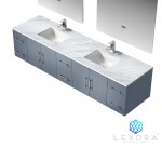 Geneva 84" Dark Grey Double Vanity, White Carrara Marble Top, White Square Sinks and 36" LED Mirrors w/ Faucets