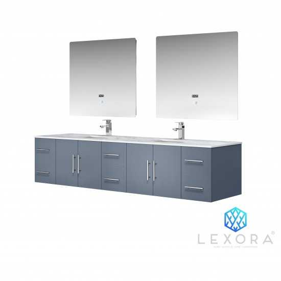 Geneva 84" Dark Grey Double Vanity, White Carrara Marble Top, White Square Sinks and 36" LED Mirrors w/ Faucets