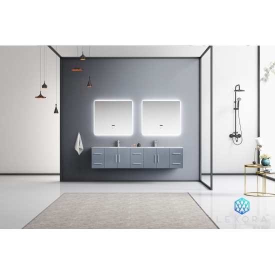 Geneva 84" Dark Grey Double Vanity, White Carrara Marble Top, White Square Sinks and 36" LED Mirrors w/ Faucets