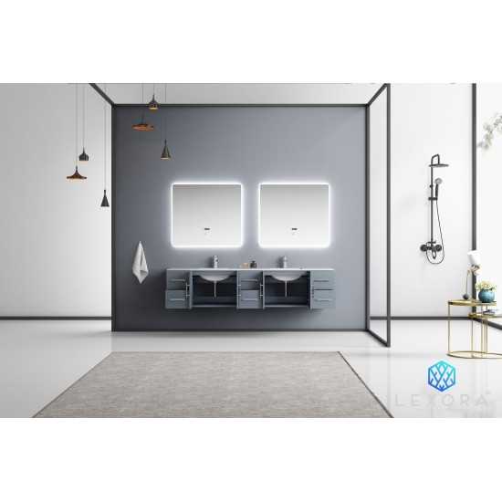 Geneva 84" Dark Grey Double Vanity, White Carrara Marble Top, White Square Sinks and 36" LED Mirrors w/ Faucets