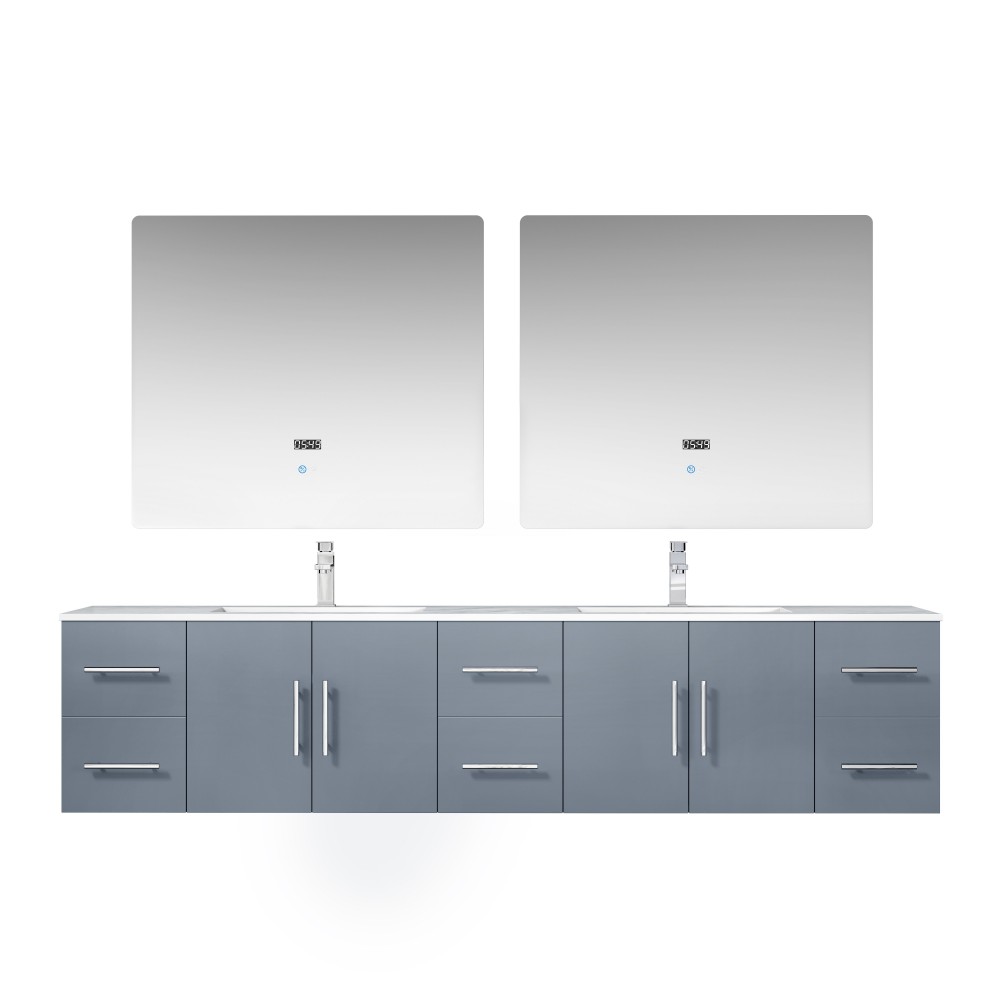 Geneva 84" Dark Grey Double Vanity, White Carrara Marble Top, White Square Sinks and 36" LED Mirrors