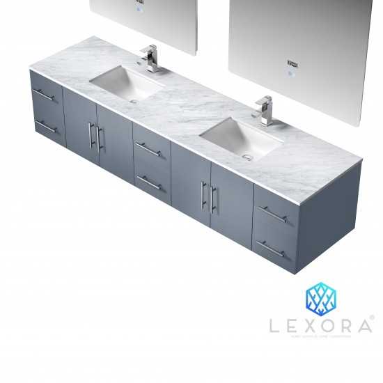 Geneva 84" Dark Grey Double Vanity, White Carrara Marble Top, White Square Sinks and 36" LED Mirrors