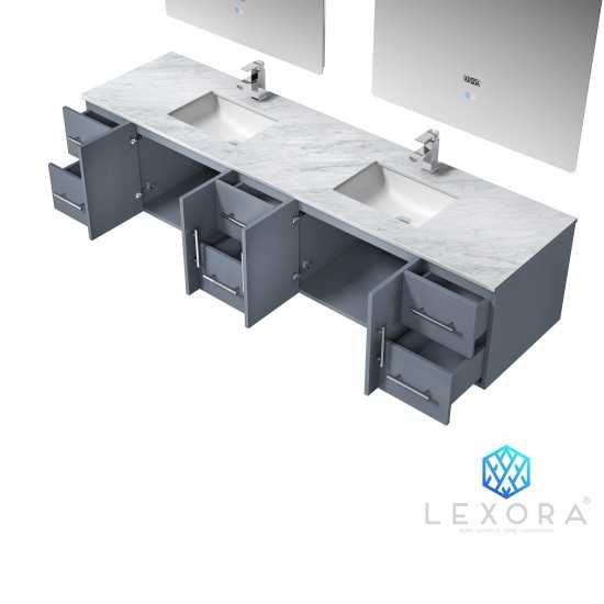 Geneva 84" Dark Grey Double Vanity, White Carrara Marble Top, White Square Sinks and 36" LED Mirrors
