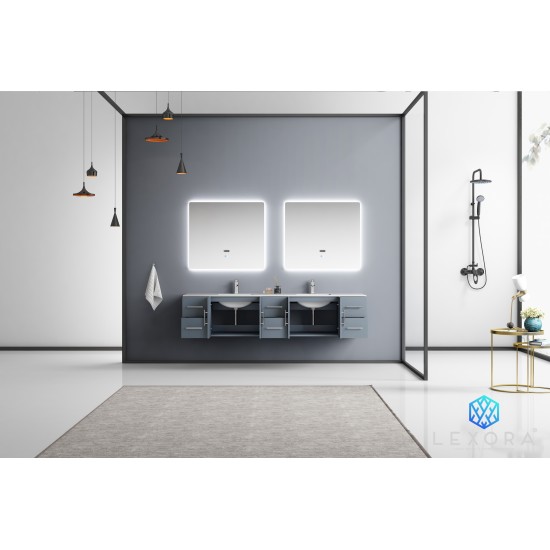 Geneva 84" Dark Grey Double Vanity, White Carrara Marble Top, White Square Sinks and 36" LED Mirrors