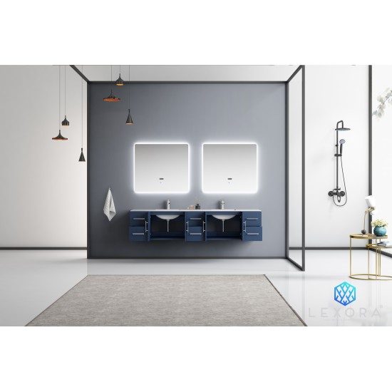 Geneva 84" Navy Blue Double Vanity, White Carrara Marble Top, White Square Sinks and 36" LED Mirrors w/ Faucets