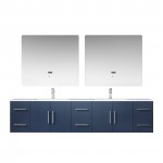 Geneva 84" Navy Blue Double Vanity, White Carrara Marble Top, White Square Sinks and 36" LED Mirrors