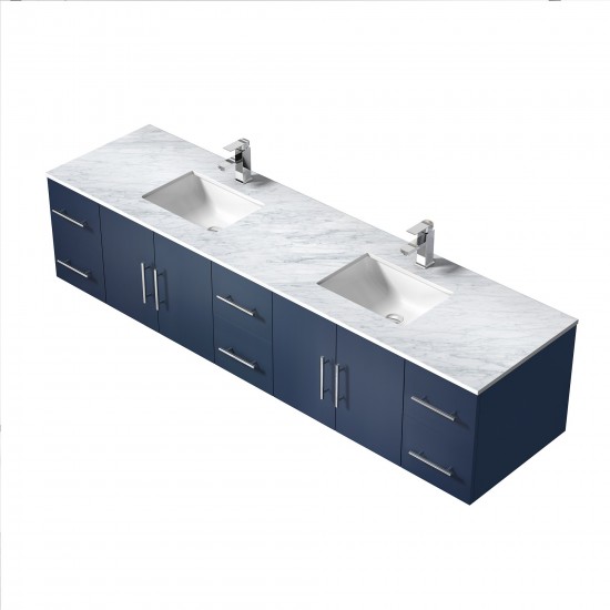Geneva 84" Navy Blue Double Vanity, White Carrara Marble Top, White Square Sinks and no Mirror