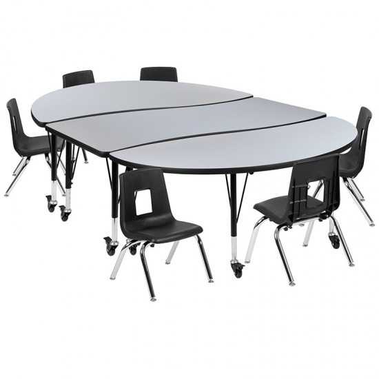 Mobile 86" Oval Wave Collaborative Laminate Activity Table Set with 12" Student Stack Chairs, Grey/Black