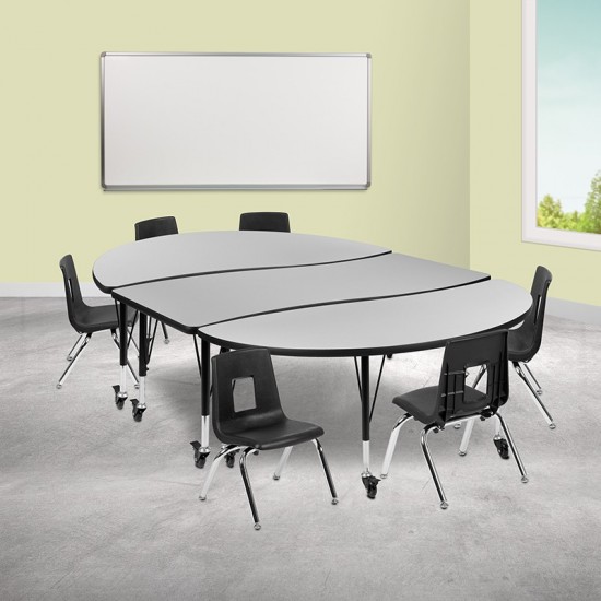 Mobile 86" Oval Wave Collaborative Laminate Activity Table Set with 12" Student Stack Chairs, Grey/Black