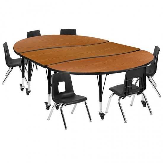 Mobile 86" Oval Wave Collaborative Laminate Activity Table Set with 12" Student Stack Chairs, Oak/Black