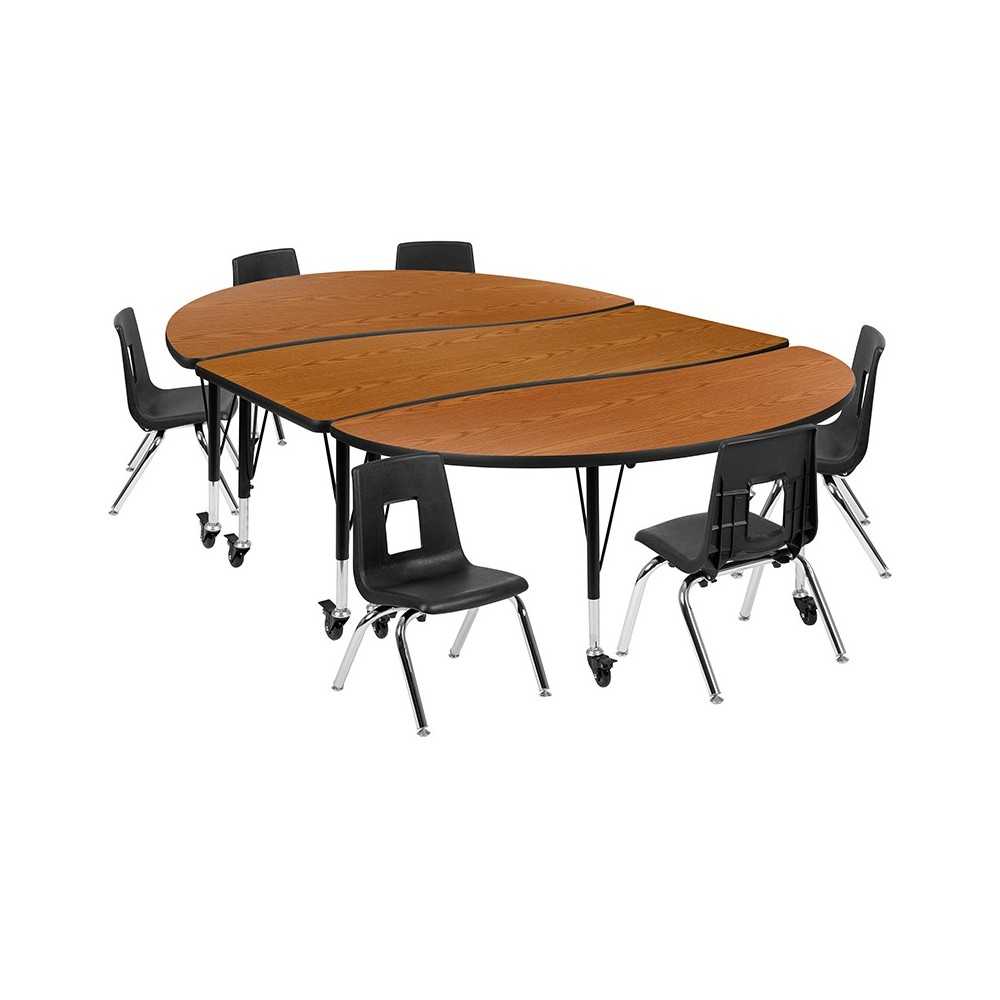 Mobile 86" Oval Wave Collaborative Laminate Activity Table Set with 12" Student Stack Chairs, Oak/Black