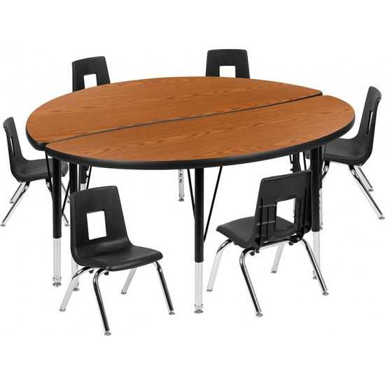 47.5" Circle Wave Collaborative Laminate Activity Table Set with 12" Student Stack Chairs, Oak/Black