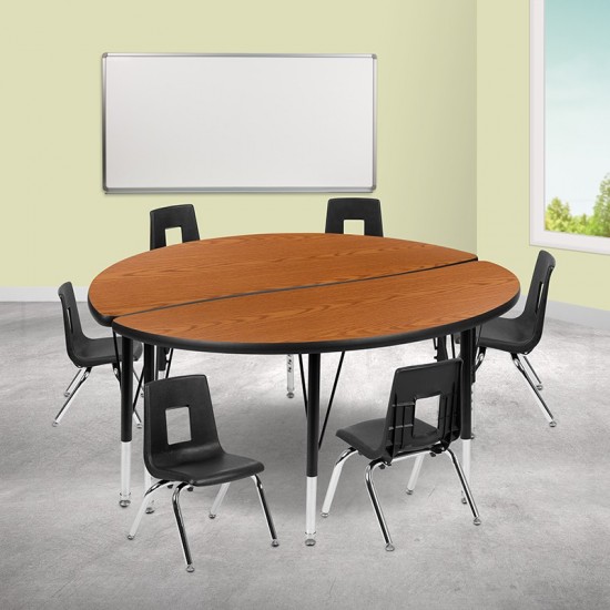 47.5" Circle Wave Collaborative Laminate Activity Table Set with 12" Student Stack Chairs, Oak/Black