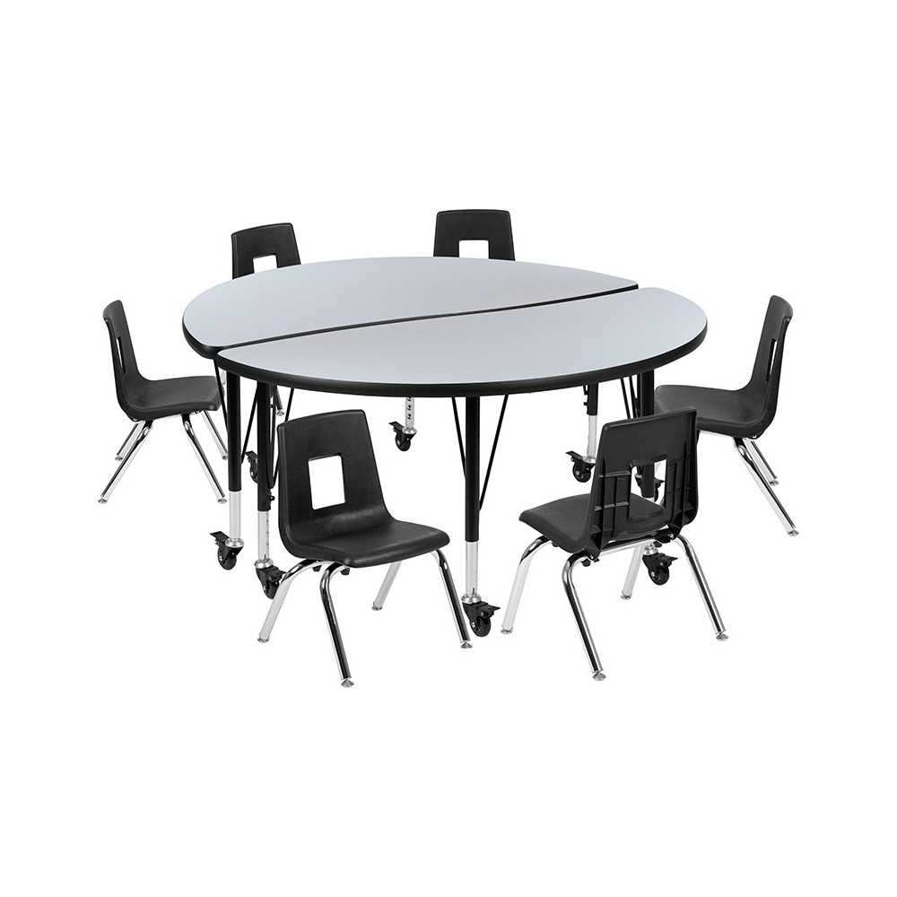 Mobile 47.5" Circle Wave Collaborative Laminate Activity Table Set with 12" Student Stack Chairs, Grey/Black