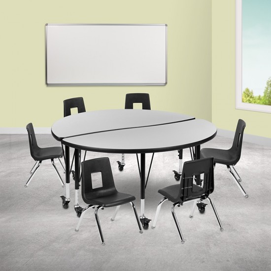 Mobile 47.5" Circle Wave Collaborative Laminate Activity Table Set with 12" Student Stack Chairs, Grey/Black