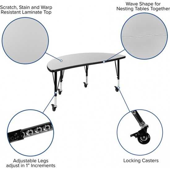 Mobile 47.5" Circle Wave Collaborative Laminate Activity Table Set with 12" Student Stack Chairs, Grey/Black