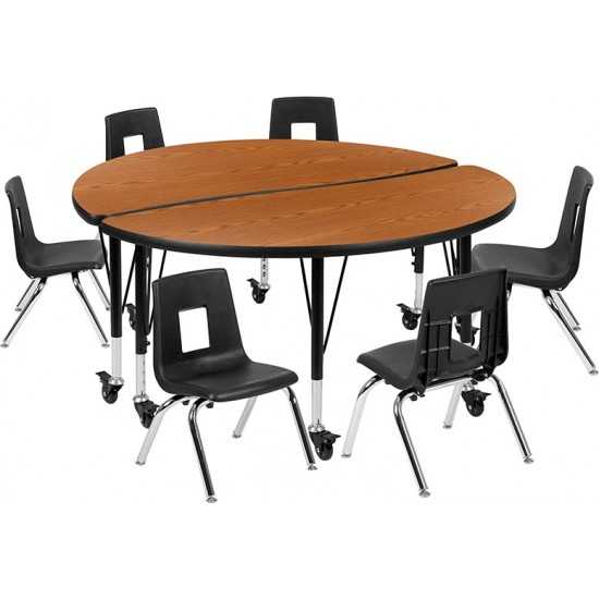 Mobile 47.5" Circle Wave Collaborative Laminate Activity Table Set with 12" Student Stack Chairs, Oak/Black
