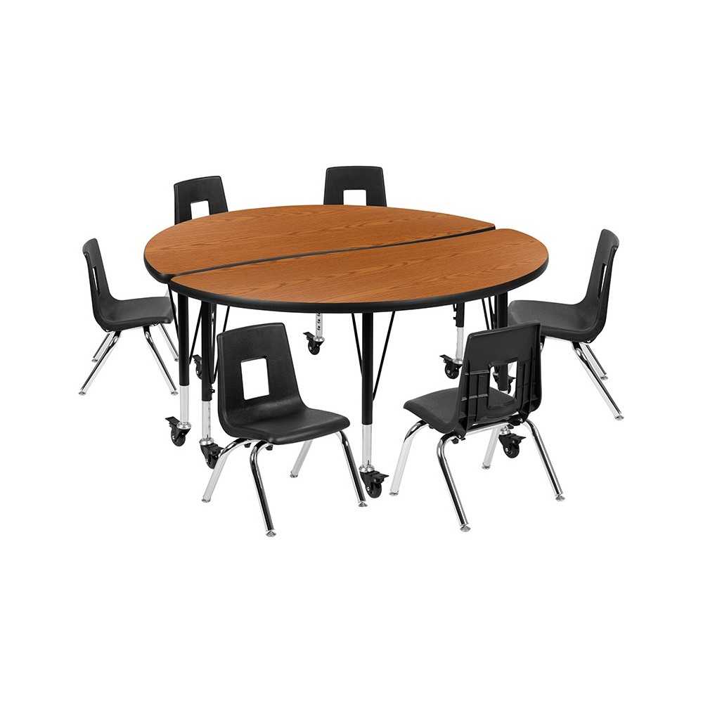 Mobile 47.5" Circle Wave Collaborative Laminate Activity Table Set with 12" Student Stack Chairs, Oak/Black