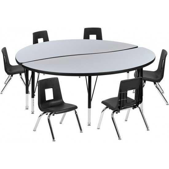 60" Circle Wave Collaborative Laminate Activity Table Set with 12" Student Stack Chairs, Grey/Black