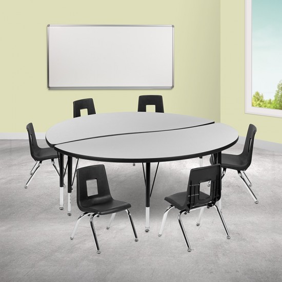 60" Circle Wave Collaborative Laminate Activity Table Set with 12" Student Stack Chairs, Grey/Black