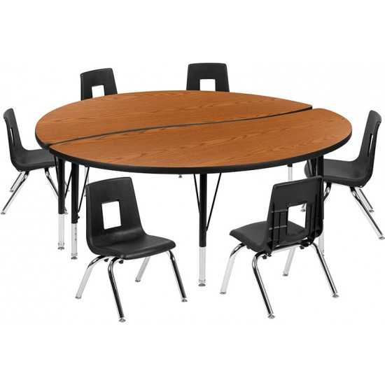 60" Circle Wave Collaborative Laminate Activity Table Set with 12" Student Stack Chairs, Oak/Black