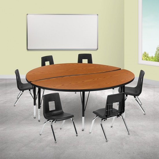 60" Circle Wave Collaborative Laminate Activity Table Set with 12" Student Stack Chairs, Oak/Black