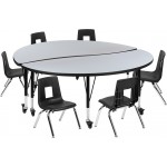 Mobile 60" Circle Wave Collaborative Laminate Activity Table Set with 12" Student Stack Chairs, Grey/Black