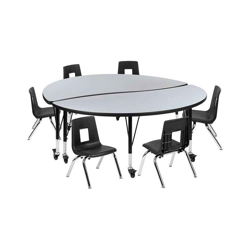 Mobile 60" Circle Wave Collaborative Laminate Activity Table Set with 12" Student Stack Chairs, Grey/Black