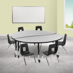 Mobile 60" Circle Wave Collaborative Laminate Activity Table Set with 12" Student Stack Chairs, Grey/Black