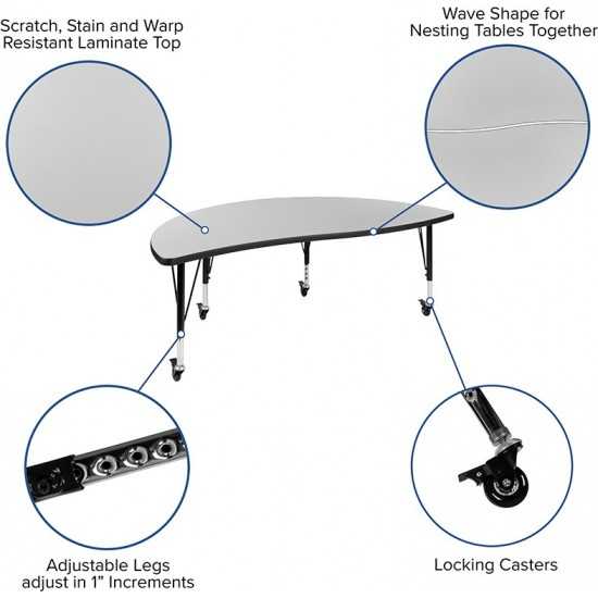 Mobile 60" Circle Wave Collaborative Laminate Activity Table Set with 12" Student Stack Chairs, Grey/Black