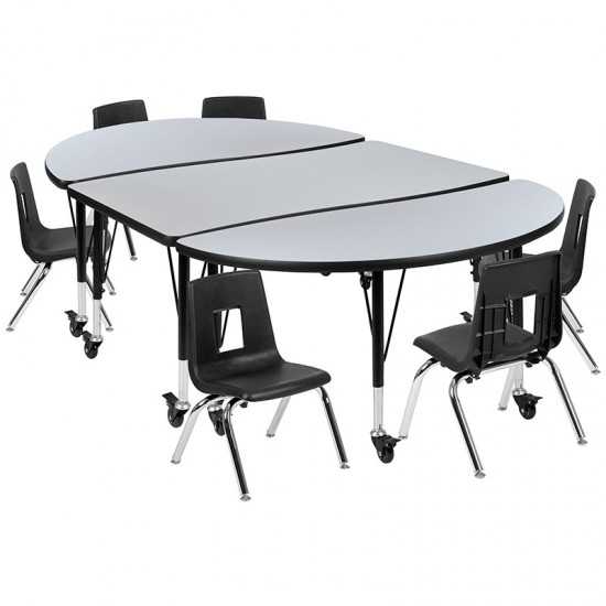 Mobile 76" Oval Wave Collaborative Laminate Activity Table Set with 14" Student Stack Chairs, Grey/Black