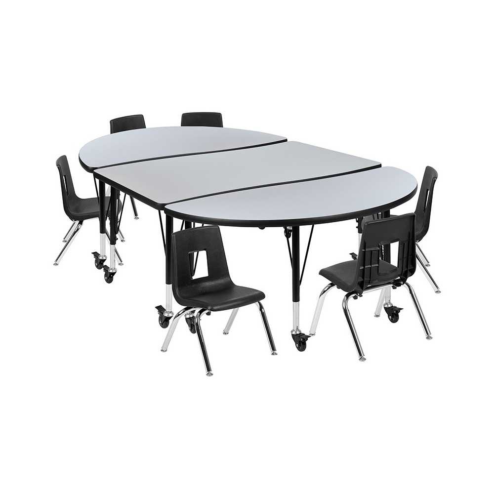 Mobile 76" Oval Wave Collaborative Laminate Activity Table Set with 14" Student Stack Chairs, Grey/Black