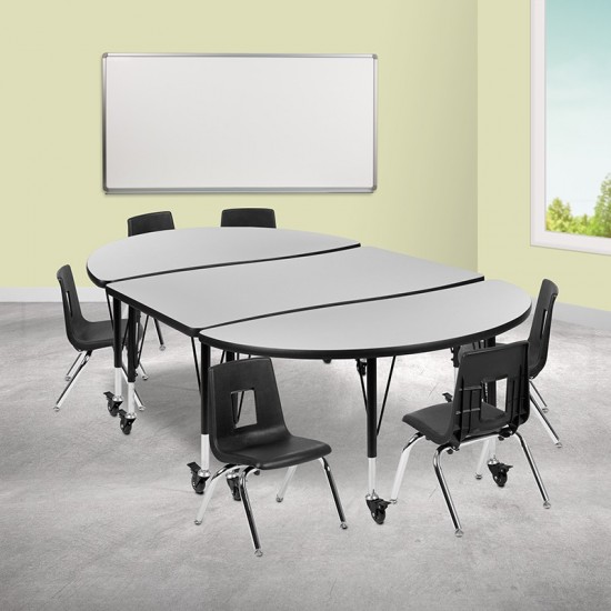 Mobile 76" Oval Wave Collaborative Laminate Activity Table Set with 14" Student Stack Chairs, Grey/Black