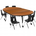 Mobile 76" Oval Wave Collaborative Laminate Activity Table Set with 14" Student Stack Chairs, Oak/Black