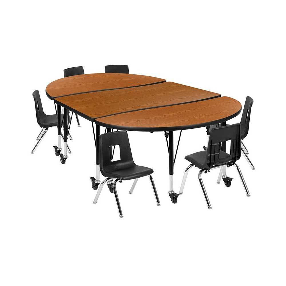 Mobile 76" Oval Wave Collaborative Laminate Activity Table Set with 14" Student Stack Chairs, Oak/Black Mobile 76" Oval Wave Collaborative Laminate Activity Table Set with 14" Student Stack Chairs, Oak/Black