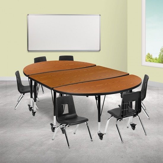 Mobile 76" Oval Wave Collaborative Laminate Activity Table Set with 14" Student Stack Chairs, Oak/Black